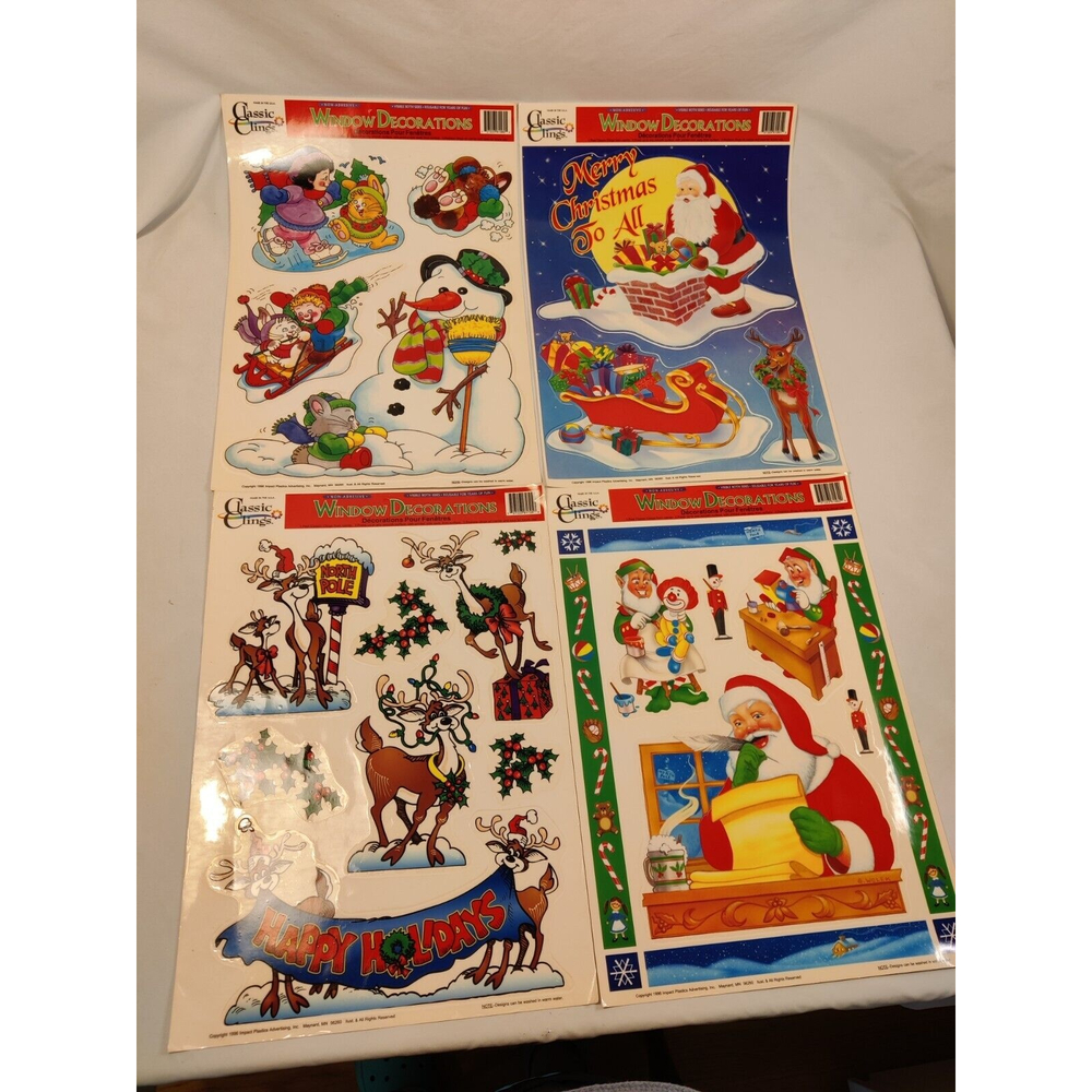 4 VTG CLASSIC CLINGS WINDOW CLING CHRISTMAS DECORATIONS SNOWMAN BUNNY SANTA DEER